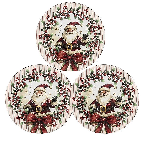 Kit 3 Sousplat Natalino Papai Noel e Azevinhos 33cm Plástico PP Luxo - Tuut