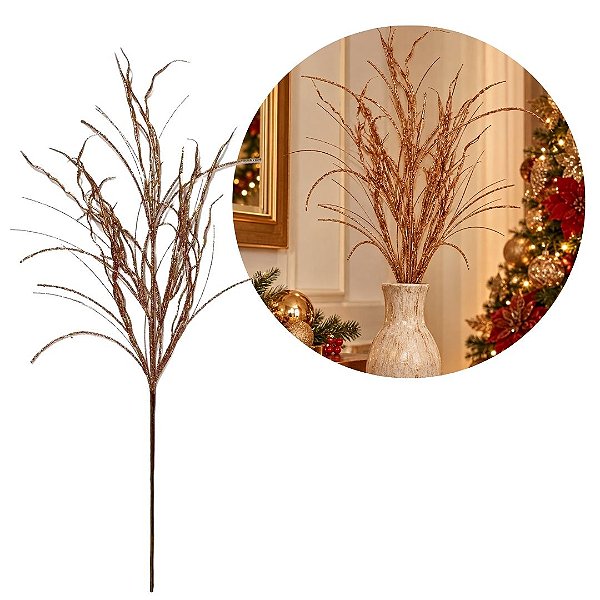 Galho Natalino Decorativo Ramos Bronze com Glitter Luxo 70cm - Tuut