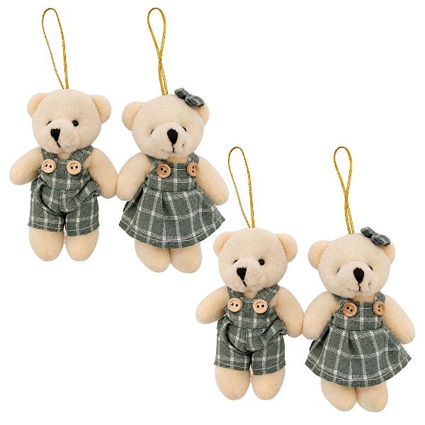 Kit 4 Ursinhos de Pelúcia Pendente Natal Creme Xadrez Verde Claro 12cm - Tuut