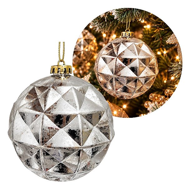 Bola de Natal Grande 15cm Champanhe Prata Textura Diamantada Diamond Luxo - Master Christmas