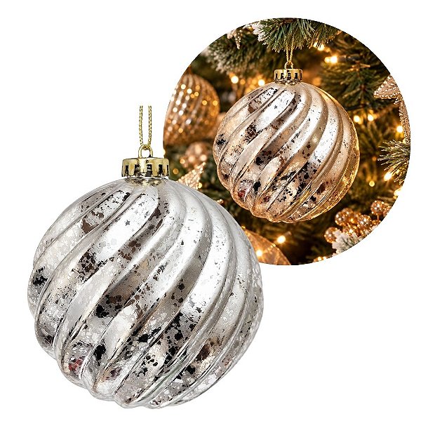 Bola de Natal Grande 15cm Champanhe Prata Ondulada Marmorizado Luxo - Master Christmas