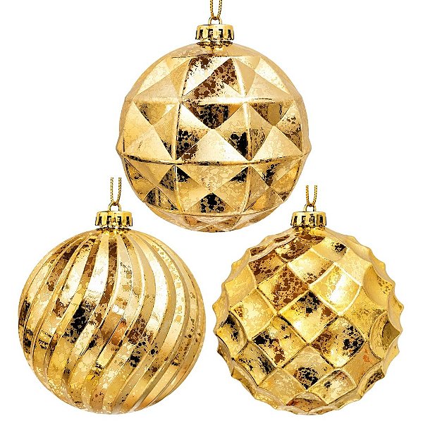 Kit 3 Bolas de Natal Dourado Mix Texturas Diamond  Facetada e Pinha Luxo Grande 15cm - Master Christmas
