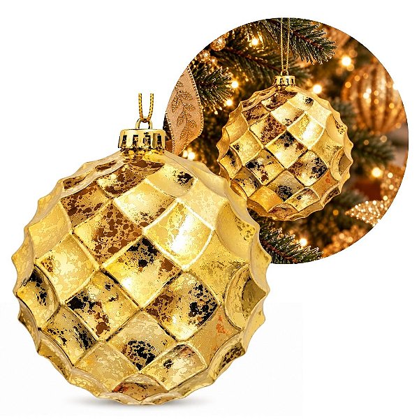 Bola de Natal Dourada Grande 15cm Textura Pinha Marmorizado Luxo - Master Christmas