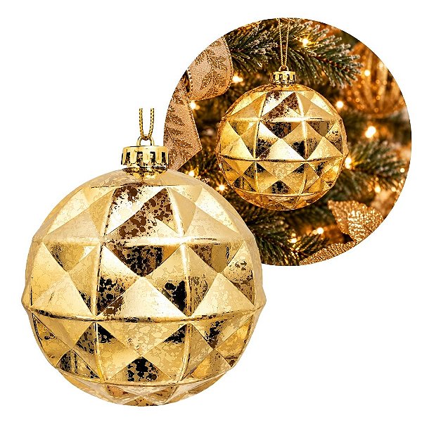 Bola de Natal Dourada Grande 15cm Textura Diamond Marmorizado Luxo - Master Christmas