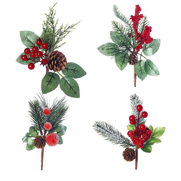 Kit 4 Galhos Pick Decorativos Natalinos Mini Folhagens Pinhas Berries e Frutos 20cm