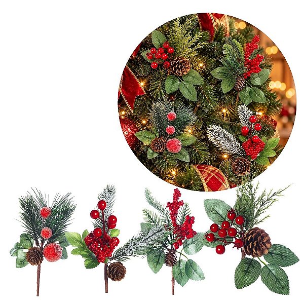 Conjunto Pick Pinhas, Berries e Frutos Folhagens Decorativo Natal 20cm 4 Unidades - Tuut
