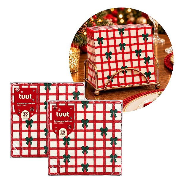 Kit 2 Pacotes Guardanapo Decorado Natalino Quadriculado Vermelho com Laços 33x33cm 20 Folhas
