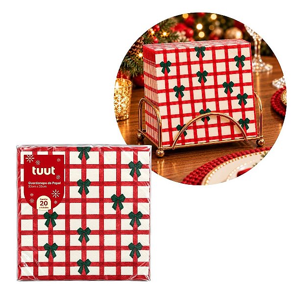Guardanapo Decorado Natalino Quadriculado Vermelho com Mini Laços 33x33cm 20 Unidades