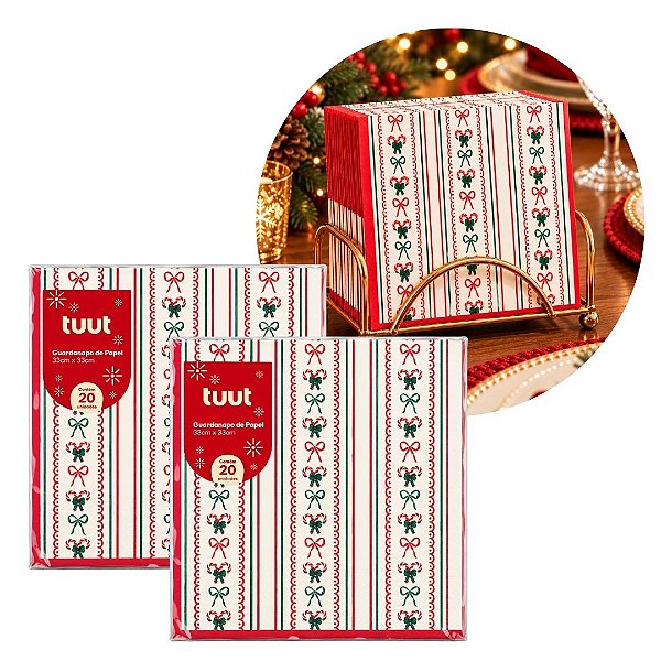 Kit 2 Pacotes Guardanapo Decorado Natalino Mini Laços e Bengala Doce Vermelho e Verde 33x33cm 20 Folhas