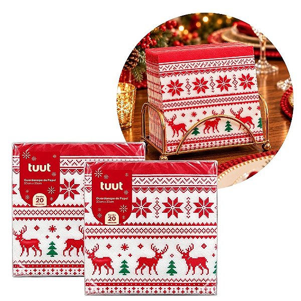 Kit 2 Pacotes Guardanapo Decorado Natalino Renas Vermelho 33x33cm 20 Folhas