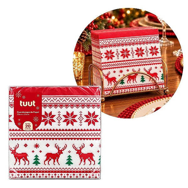 Guardanapo Decorado Natalino Renas Vermelho 33x33cm 20 Unidades