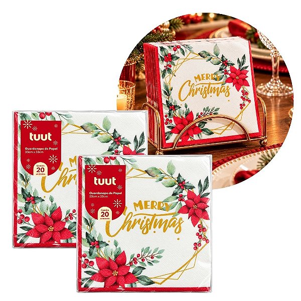 Kit 2 Pacotes Guardanapo Natalino Merry Christmas Bico de Papagaio 33x33cm 20 Folhas