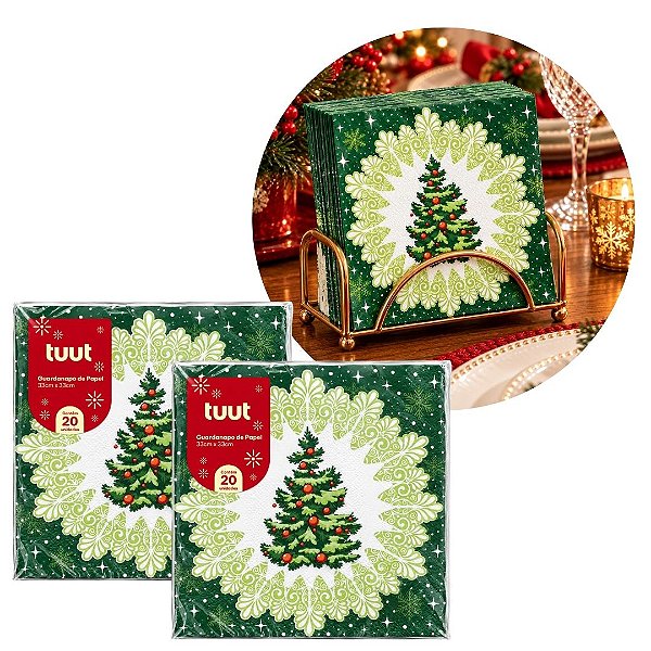 Kit  2 Pacotes Guardanapo Decorado Natalino Pinheiro Verde 33x33cm 20 Folhas