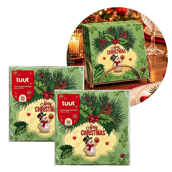 Ki 2 Pacotes Guardanapo Decorado Natalino Boneco de Neve Merry Christmas 33x33cm 20 Folhas