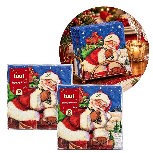 Kit 2 Pacotes Guardanapo Decorado Estampa Natal Papai Noel 33x33cm 20 Folhas