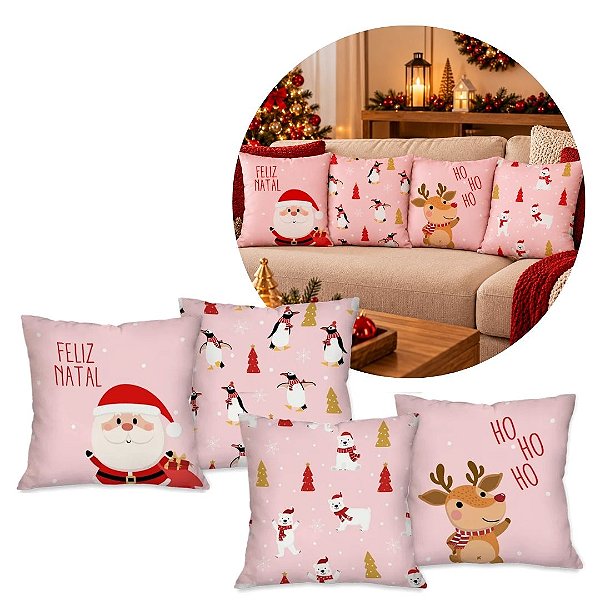 Kit 4 Almofadas Natalinas Rosa 45x45cm Papai Noel Rena Feliz Natal Poliéster Completo Capa e Enchimento