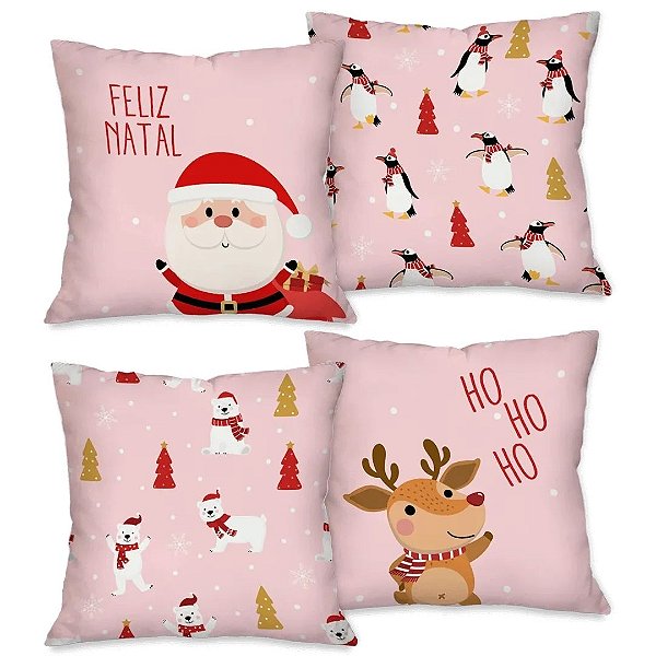 Kit 4 Capas de Almofada Natalinas Rosa 45x45cm Papai Noel Rena Feliz Natal Poliéster