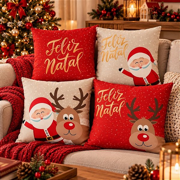 Kit 4 Almofadas Natalinas 45x45cm Papai Noel Rena Feliz Natal Completo Capa e Enchimento
