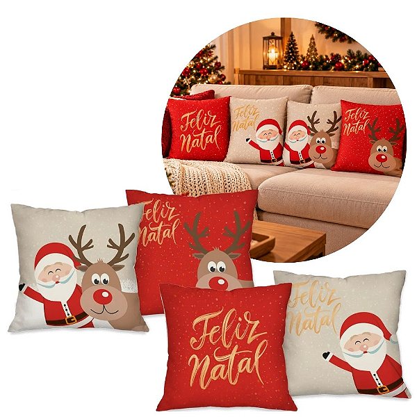 Jogo 4 Capas de Almofada Natal 45x45cm Papai Noel, Rena e Feliz Natal Poliéster Prime