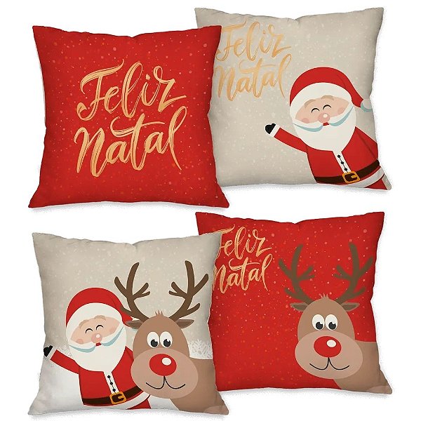 Kit 4 Capas de Almofada Natalinas 45x45cm Papai Noel Rena Feliz Natal Poliéster