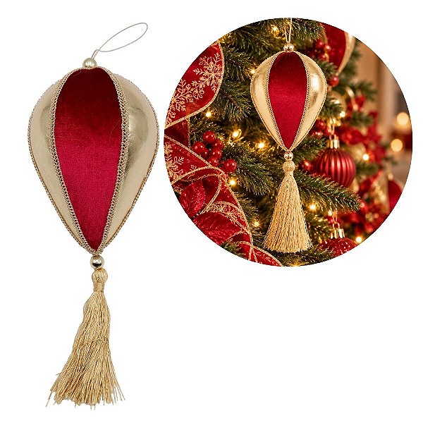 Pingente Decorativo Natalino Veludo Vinho Dourado 30cm com Tassel - Tuut
