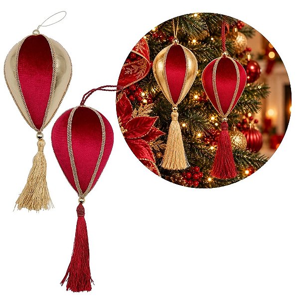 Kit 2 Pingentes Decorativo Natalino Veludo Luxo Vinho e Dourado 30cm com Tassel - Tuut