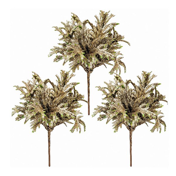 Kit 3 Picks Natalinos Decorativos Folhagens Champanhe com Glitter 20cm