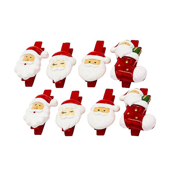 Kit 8 Mini Prendedores Decorativos Natalinos Madeira Papai Noel em Poliresina - Tuut