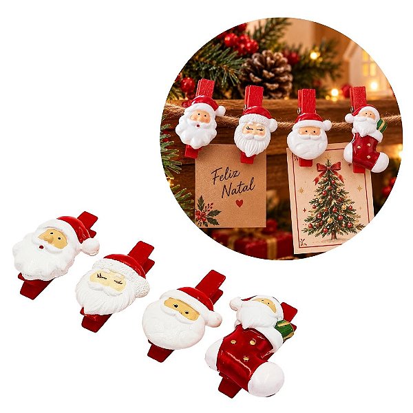 Kit 4 Mini Prendedores Decorativos Natalinos Madeira Papai Noel em Poliresina - Tuut
