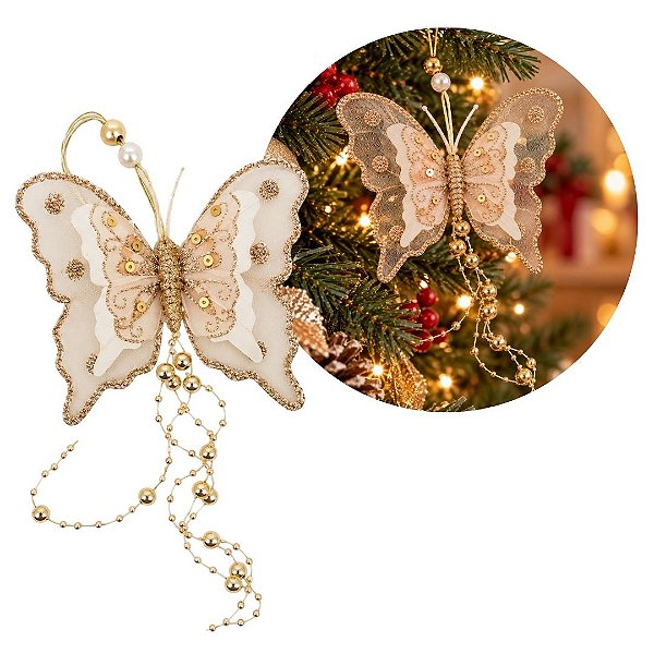 Borboleta Decorativa Natalina Transparente Glitter Champanhe 10cm com Pérolas e Cordão Contas