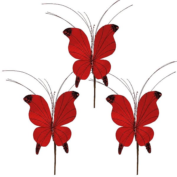 Kit 3 Borboletas Pick Natalinas Veludo Vermelho com Glitter e Lantejoulas 30cm - Tuut