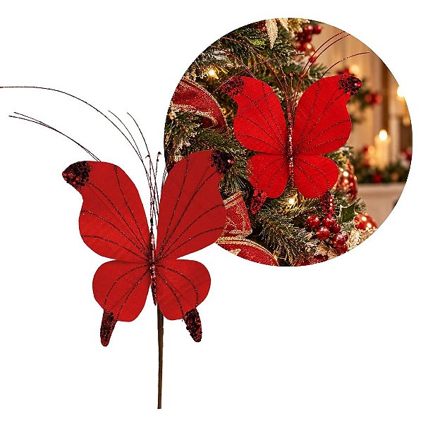 Borboleta Pick Natalinas Veludo Vermelho com Glitter e Lantejoulas 30cm - Tuut