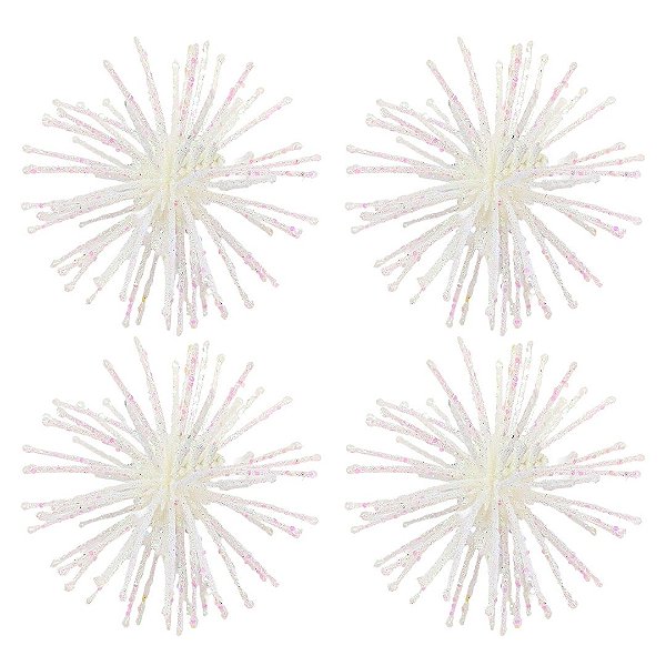 Kit 4 Enfeites Natalinos Flor Dente de Leão Glitter Cristal Branco Furta-Cor 10cm - Tuut