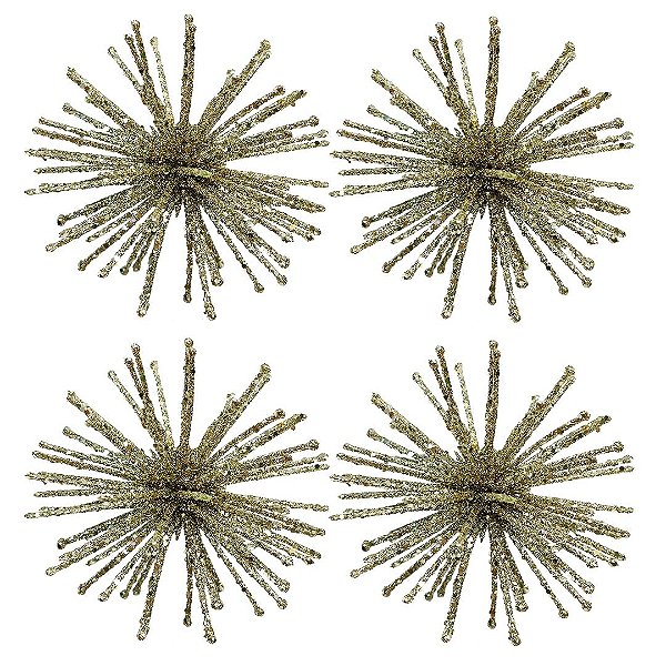 Kit 4 Enfeites Natalinos Flor Dente de Leão Glitter Champanhe 10cm - Tuut