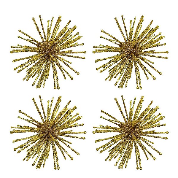 Kit 4 Enfeites Natalinos Flor Dente de Leão Glitter Dourado 10cm - Tuut