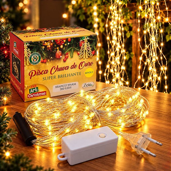 Pisca Chuva de Ouro Sequencial 200 LEDs Branco Quente 10 Fios de 2m 8 Funções Bivolt - Art Christmas