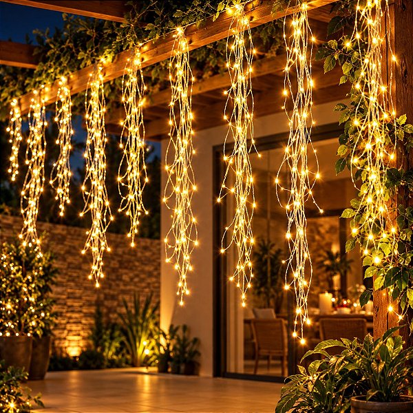Cascata LED Chuva de Ouro Sequencial 200 LEDs Branco Quente 10 Fios de 2m 8 Funções Bivolt - Art Christmas