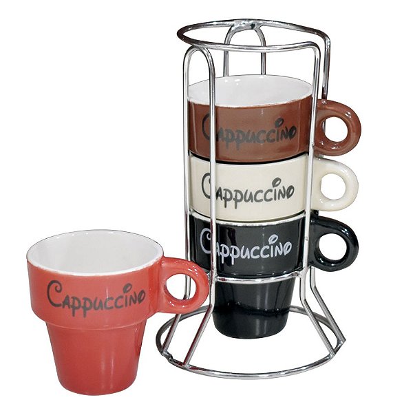 Jogo de Xícara Chá e Cappuccino Cerâmica 4 Peças com Suporte - Class Home