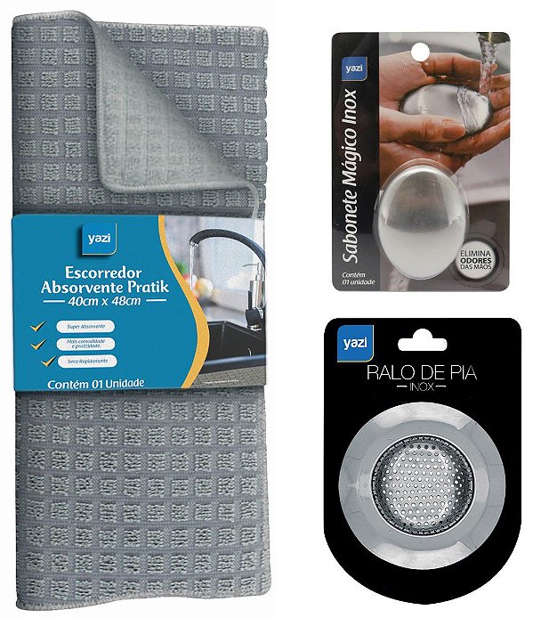 Jogo Pia Escorredor Absorvente, Ralo e Sabonete Mágico Inox Anti Odor - Yazi