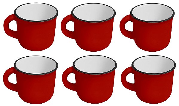 Jogo Mini Caneca Cerâmica Esmaltado Premium Vermelho 60ml 6 Peças - Yazi