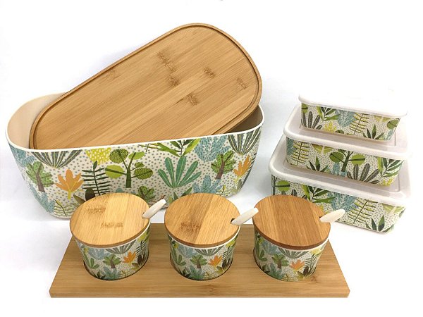 Jogo Porta Pão, Potes e Petisqueira Eco Bambu Premium 8 Peças - Fratelli