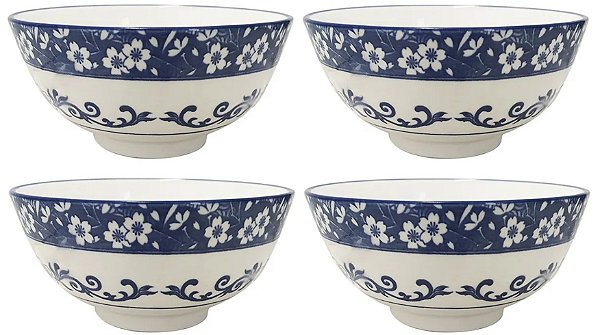 Jogo Tigela Bowl Porcelana Blue Garden 600ml 4 Unidades - Lyor