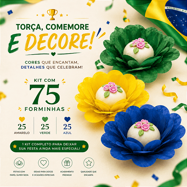 Kit 75 forminhas delicatta - Copa do mundo - Brasil - Amarelo - Verde - Azul