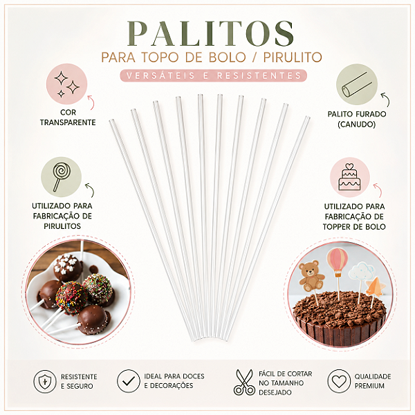 Kits de Palito para pirulito e topo de bolo 14cm