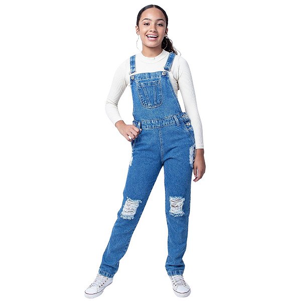 Jardineira Infantil Jeans Rasgado Feminina Menina Juvenil