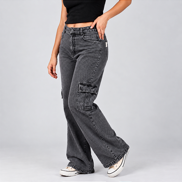 Calça Cargo Jeans Wide Leg Preto Black Pantalona Juvenil