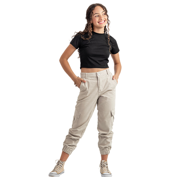 Calça Jogger Infantil Juvenil Menina Bolso Cargo sarja cor areia