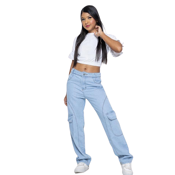 Calça Cargo Juvenil Infantil Jeans Wide leg Menina Pantalona