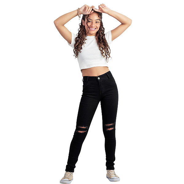 Calça Preta Jeans Justinha Com Lycra Menina Infantil Juvenil