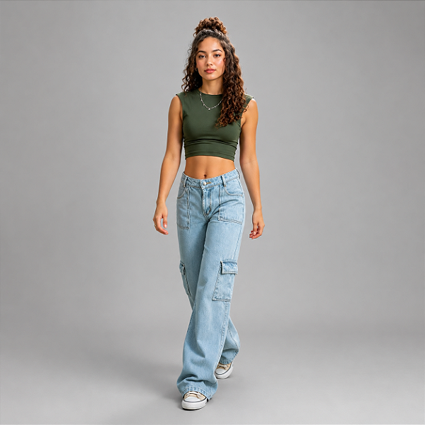 Calça Jeans Bolso Cargo Wide Leg Infantil Menina Pantalona